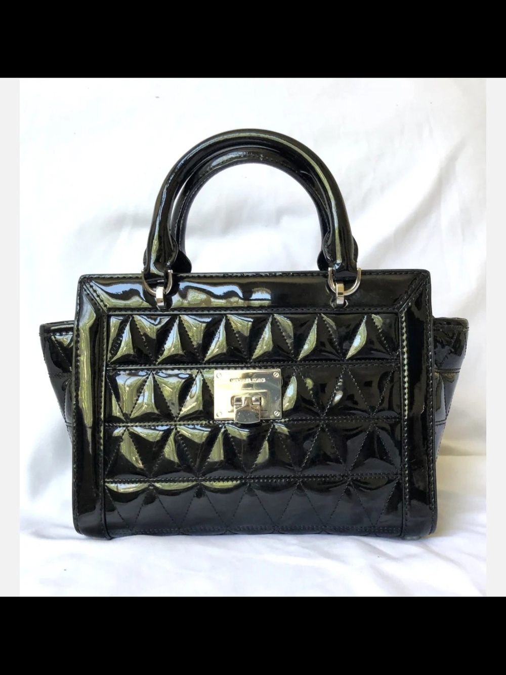 MICHAEL KORS VIVIANNE Black Quilted PATENT LEATHER SMALL SATCHEL MESSENGER BAG